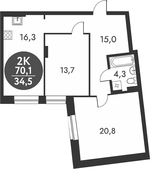 Планировка 2-к.кв 70.10 м² в ЖК «Скандинавские кварталы»