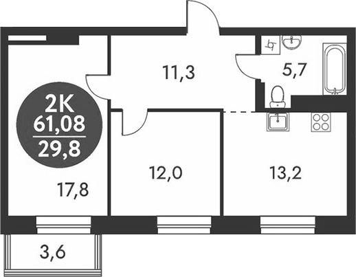 Планировка 2-к.кв 60.00 м² в ЖК «Скандинавские кварталы»