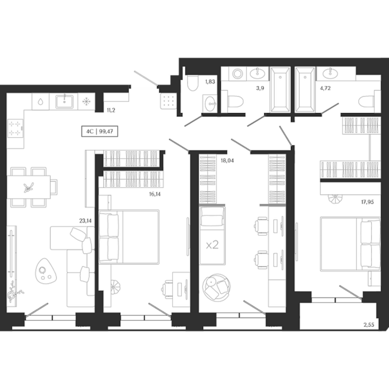 Планировка 4е-к.кв 96.92 м² в ЖК «Юнити центр»