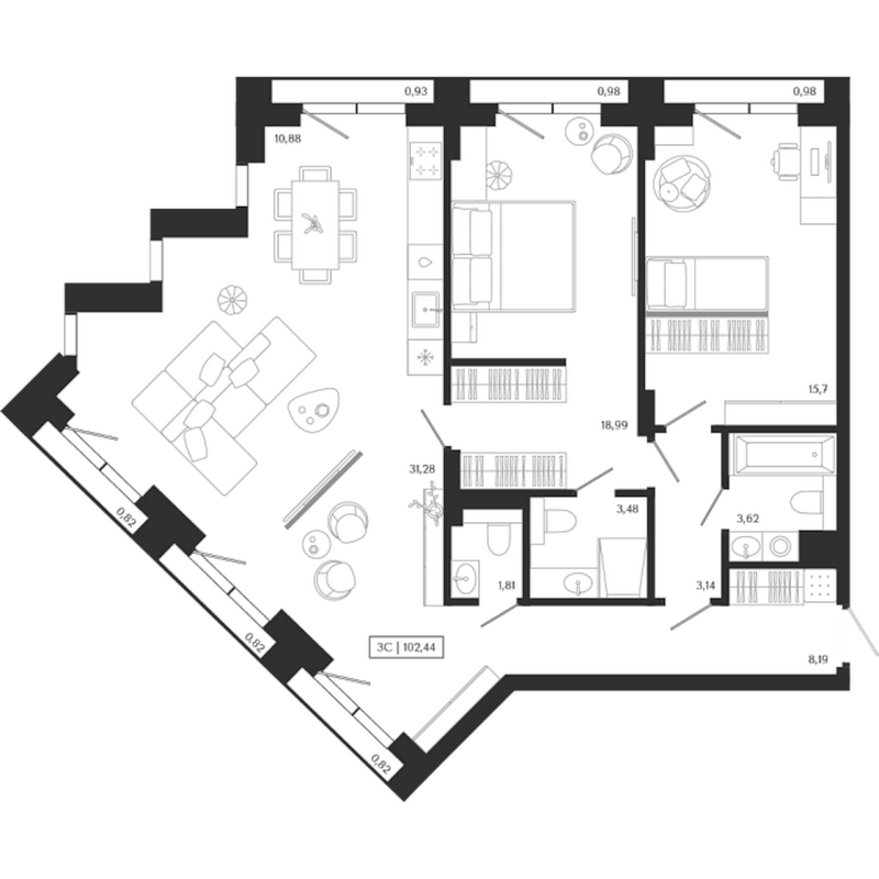 Планировка 3е-к.кв 97.09 м² в ЖК «Юнити центр»