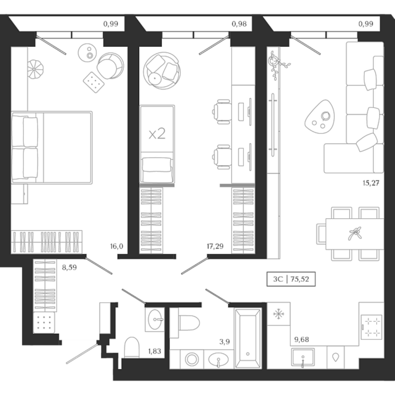 Планировка 3е-к.кв 72.56 м² в ЖК «Юнити центр»