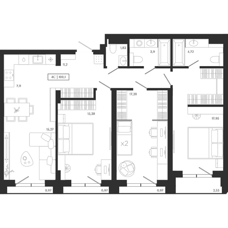 Планировка 4е-к.кв 94.64 м² в ЖК «Юнити центр»