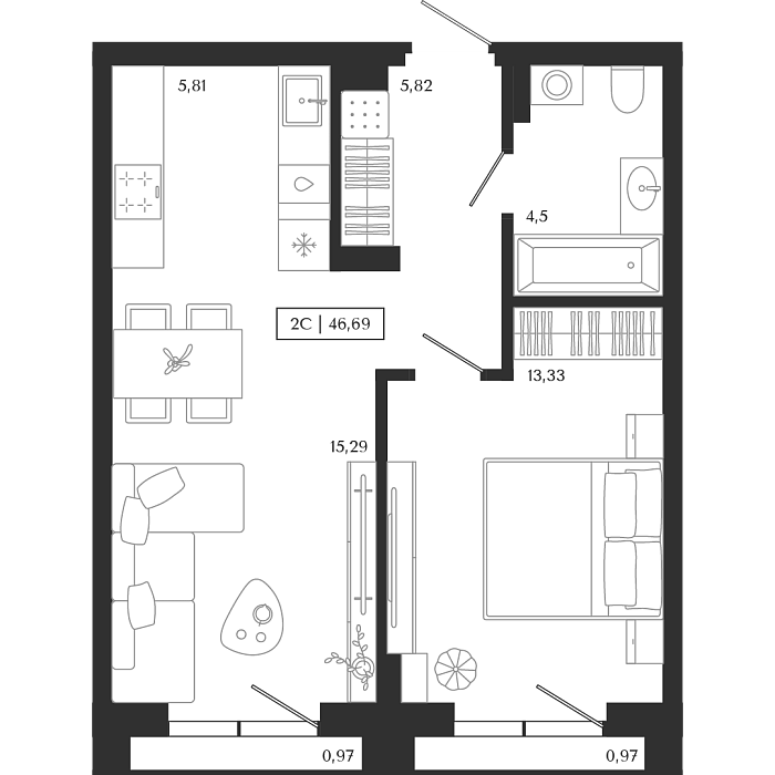 Планировка 2е-к.кв 44.75 м² в ЖК «Юнити центр»
