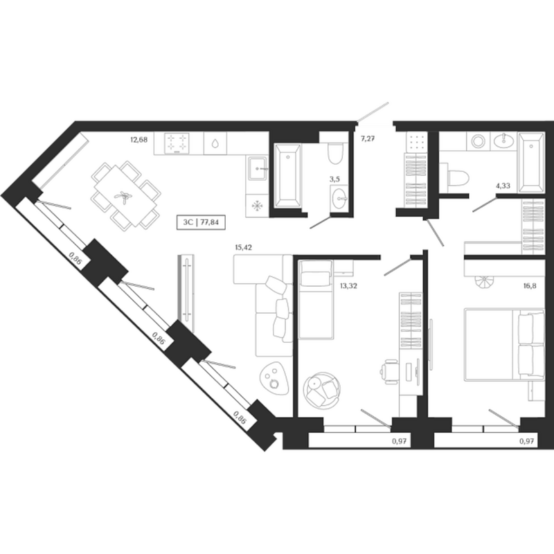 Планировка 3е-к.кв 73.32 м² в ЖК «Юнити центр»