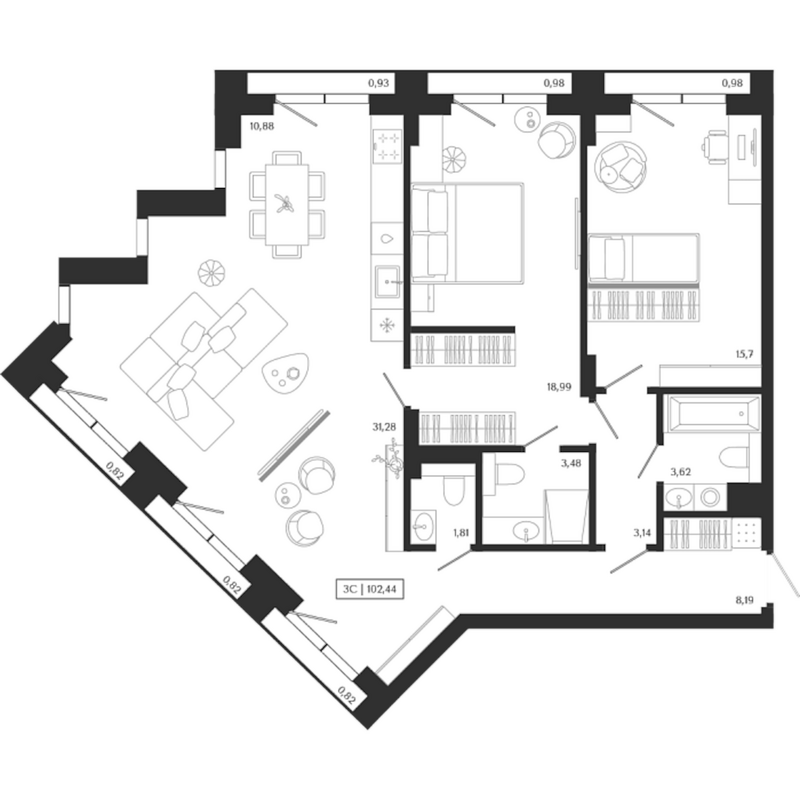 Планировка 3е-к.кв 97.09 м² в ЖК «Юнити центр»