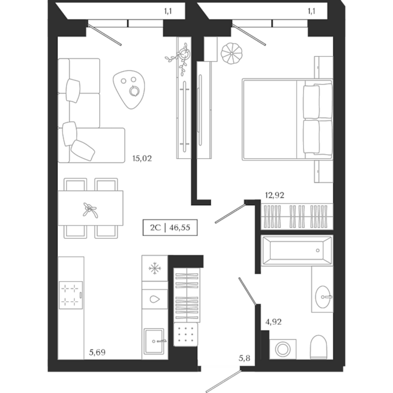 Планировка 2е-к.кв 44.35 м² в ЖК «Юнити центр»