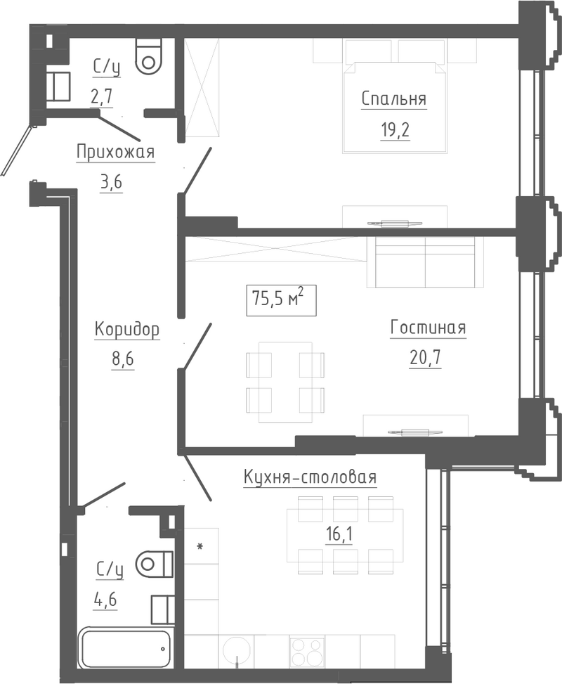 Планировка 3е-к.кв 75.50 м² в ЖК «Клубный комплекс Маяковский»