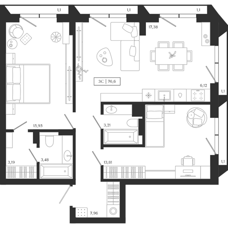 Планировка 3е-к.кв 71.10 м² в ЖК «Юнити центр»