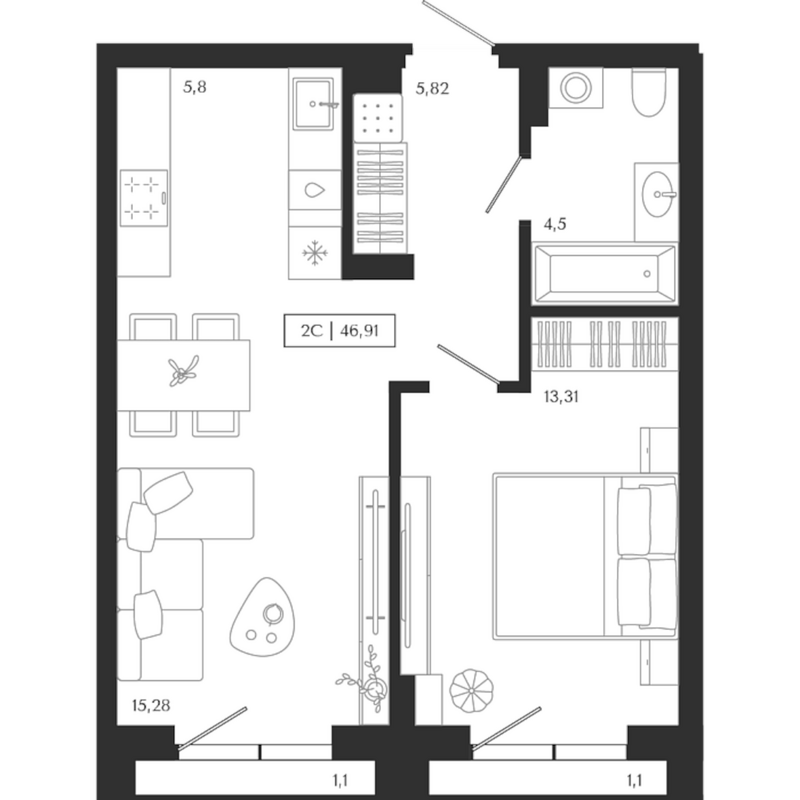 Планировка 2е-к.кв 44.71 м² в ЖК «Юнити центр»