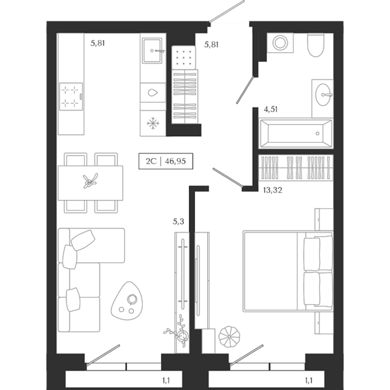 Планировка 2е-к.кв 44.75 м² в ЖК «Юнити центр»