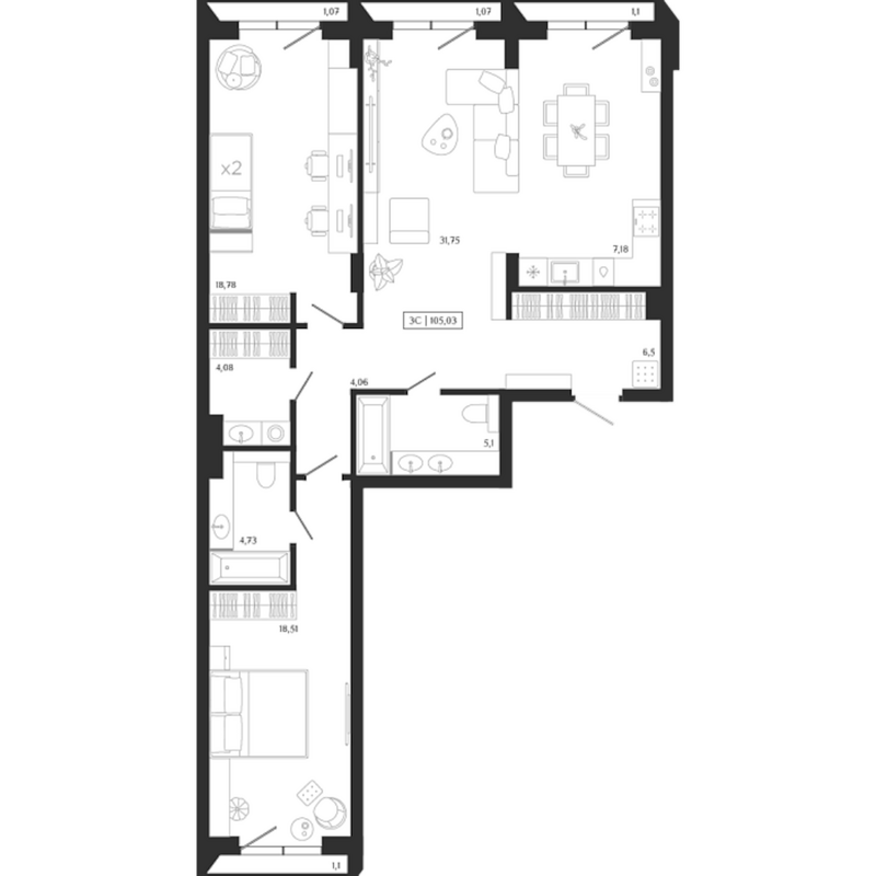 Планировка 3е-к.кв 100.69 м² в ЖК «Юнити центр»