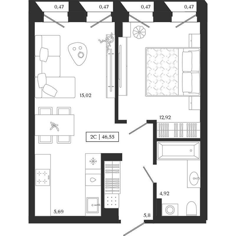 Планировка 2е-к.кв 44.67 м² в ЖК «Юнити центр»