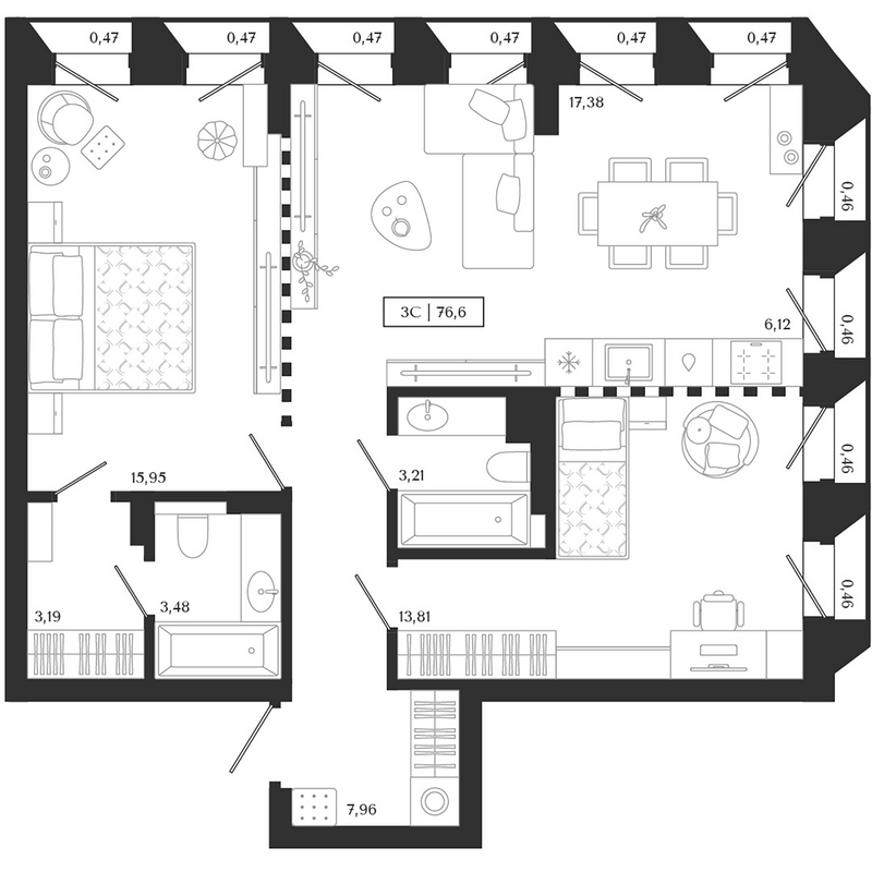 Планировка 3е-к.кв 71.94 м² в ЖК «Юнити центр»