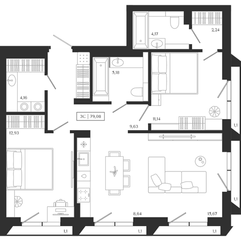 Планировка 3е-к.кв 73.58 м² в ЖК «Юнити центр»
