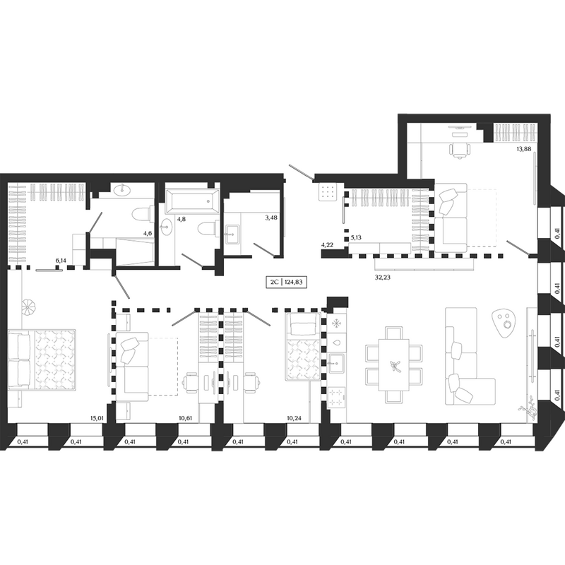Планировка 5е-к.кв 119.26 м² в ЖК «Юнити центр»
