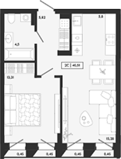 Планировка 2е-к.кв 45.07 м² в ЖК «Юнити центр»
