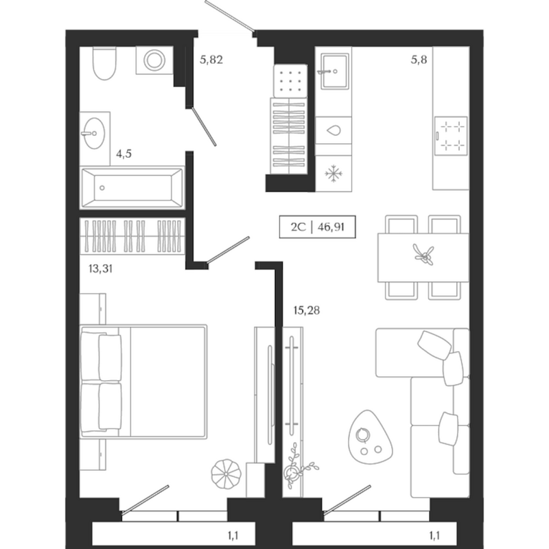 Планировка 2е-к.кв 44.71 м² в ЖК «Юнити центр»