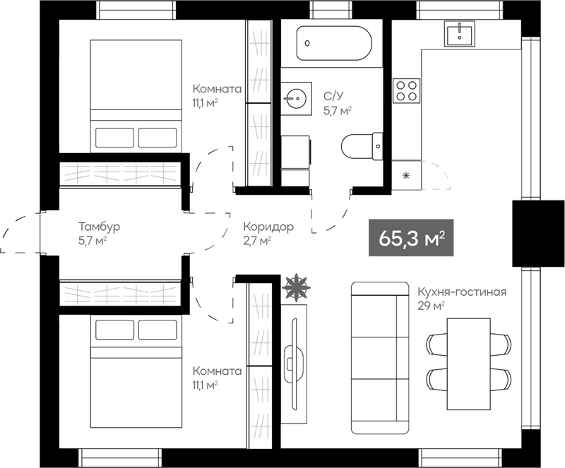 Планировка коттеджи 65.30 м² в ЖК «Коттеджный поселок Сердце Сибири»