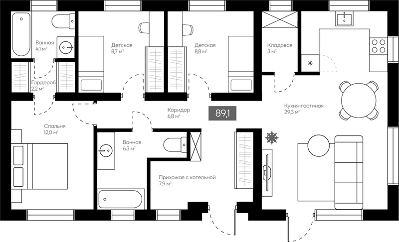 Планировка коттеджи 89.10 м² в ЖК «Коттеджный поселок Сердце Сибири»