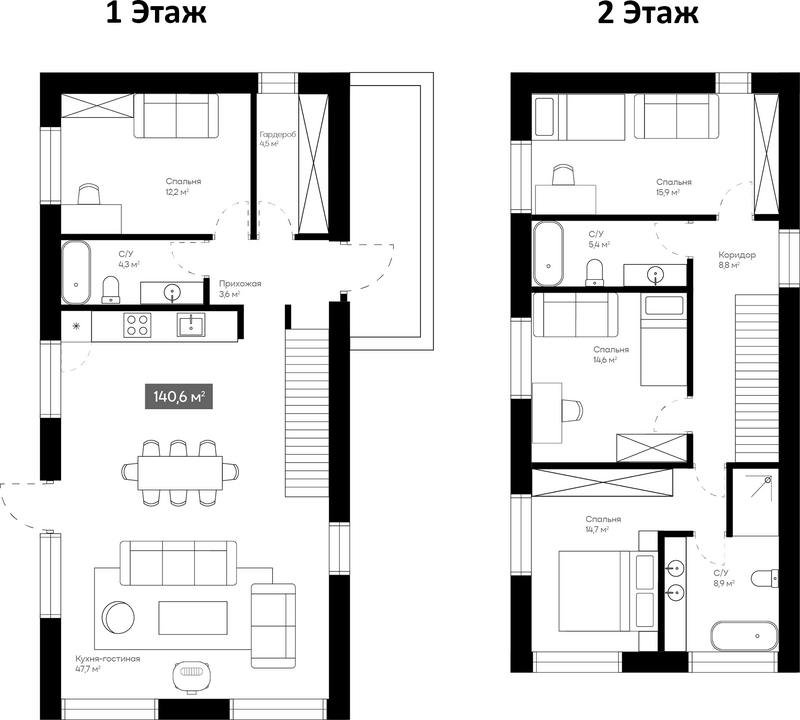 Планировка коттеджи 140.60 м² в ЖК «Коттеджный поселок Сердце Сибири»