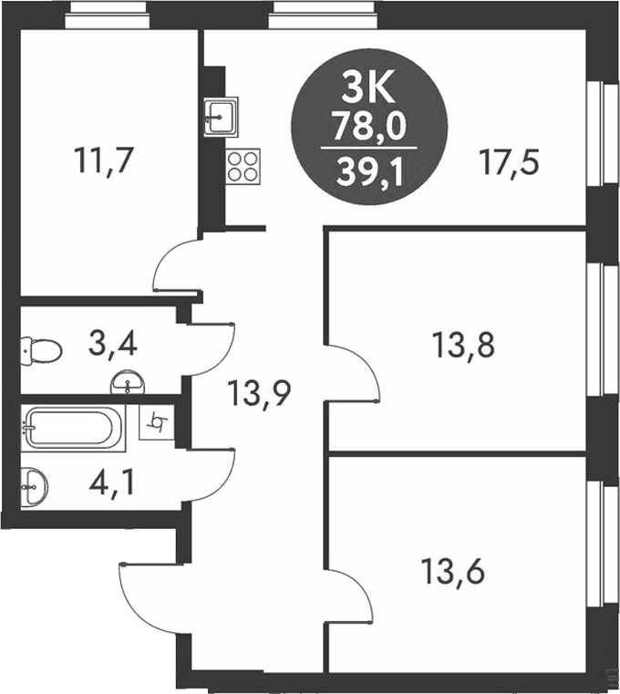Планировка 3-к. квартира 78.00 м² в ЖК «Скандинавские кварталы»