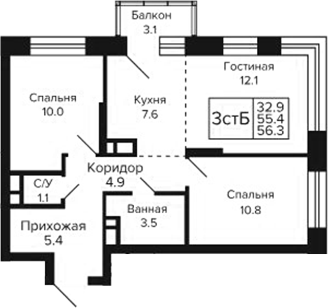 Планировка 3е-к.кв 55.37 м² в ЖК «Цитатум»