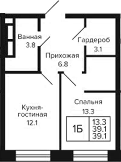 Планировка 1-к.кв 39.10 м² в ЖК «Цитатум»