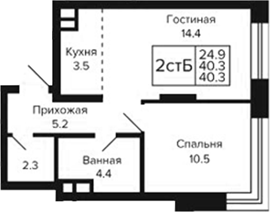 Планировка 2е-к.кв 40.30 м² в ЖК «Цитатум»
