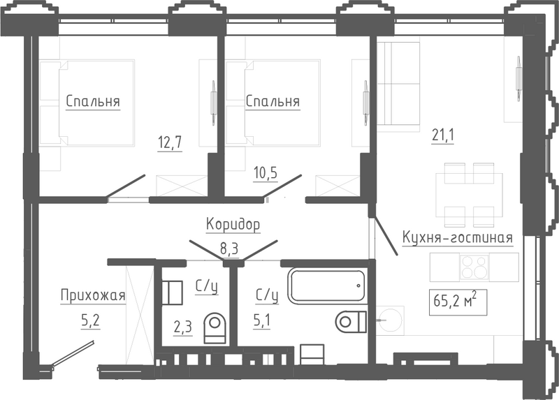 Планировка 3е-к. квартира 65.20 м² в ЖК «Клубный комплекс Маяковский»