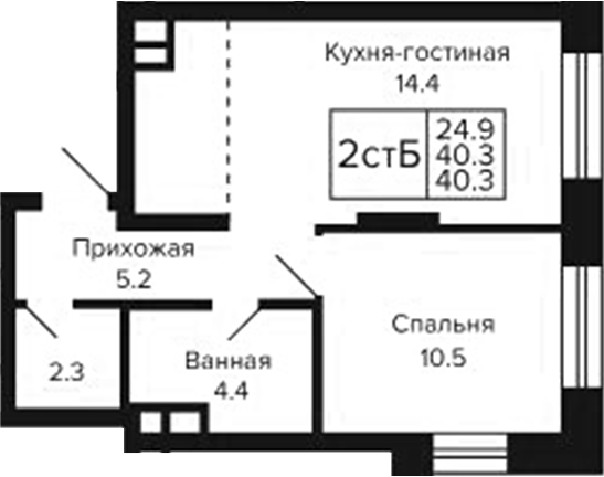 Планировка 2е-к.кв 40.30 м² в ЖК «Цитатум»