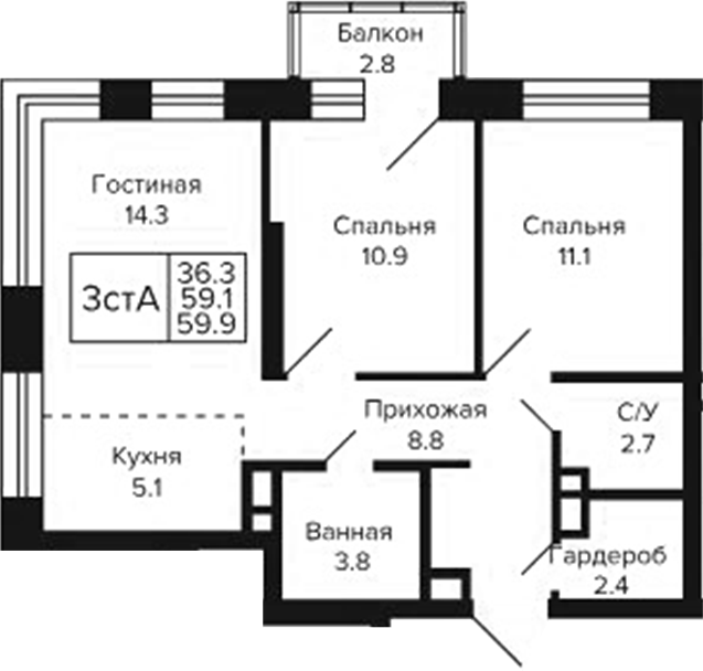 Планировка 3е-к.кв 59.06 м² в ЖК «Цитатум»