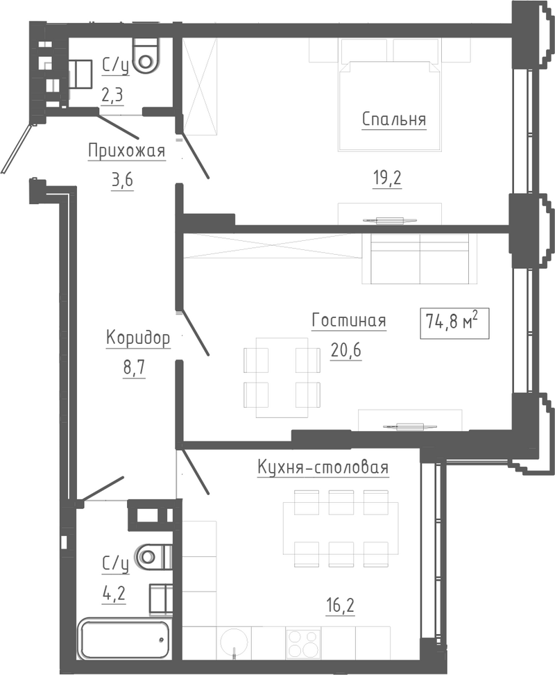 Планировка 3е-к.кв 74.80 м² в ЖК «Клубный комплекс Маяковский»