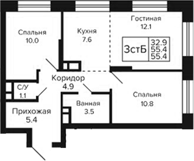 Планировка 3е-к.кв 55.40 м² в ЖК «Цитатум»