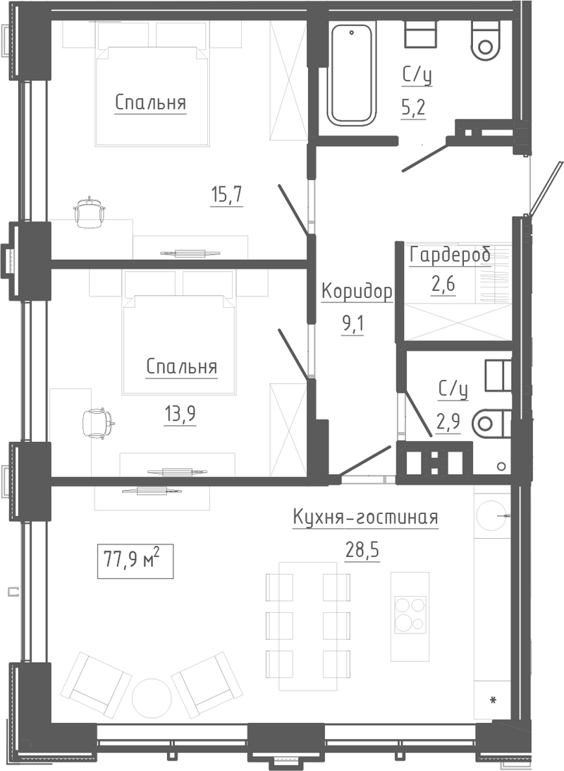 Планировка 3е-к.кв 77.90 м² в ЖК «Клубный комплекс Маяковский»