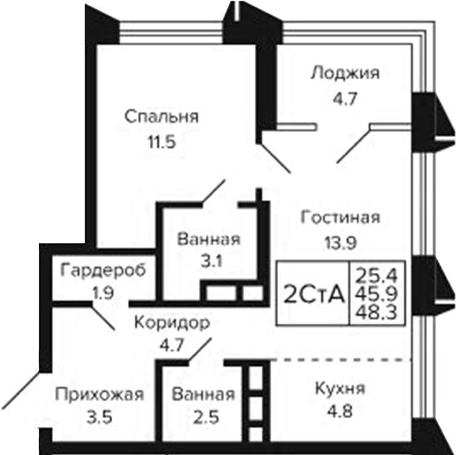 Планировка 2е-к.кв 45.95 м² в ЖК «Цитатум»