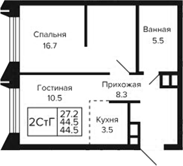Планировка 2е-к.кв 44.50 м² в ЖК «Цитатум»