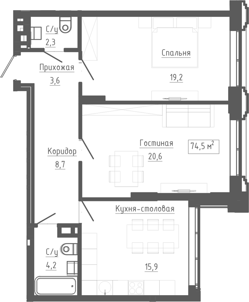 Планировка 3е-к.кв 74.50 м² в ЖК «Клубный комплекс Маяковский»