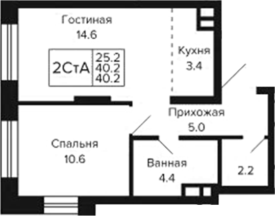 Планировка 2е-к.кв 40.20 м² в ЖК «Цитатум»