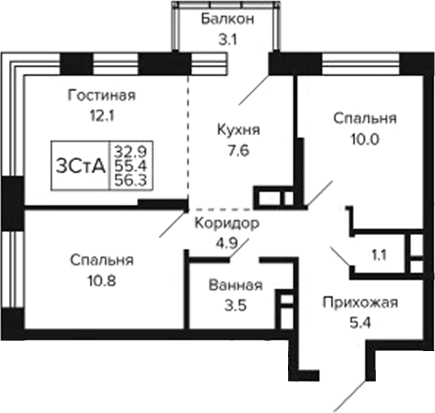 Планировка 3е-к.кв 55.37 м² в ЖК «Цитатум»