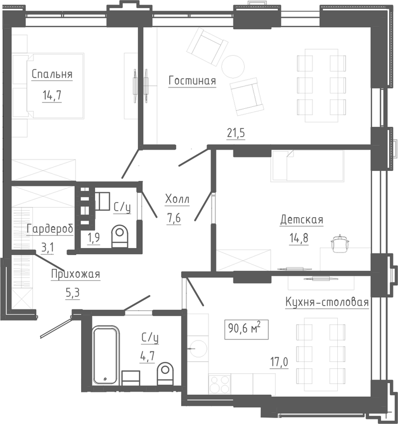 Планировка 4е-к.кв 90.60 м² в ЖК «Клубный комплекс Маяковский»