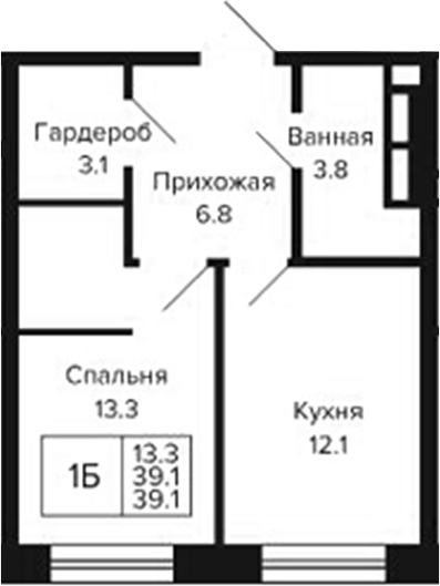 Планировка 1-к.кв 39.10 м² в ЖК «Цитатум»