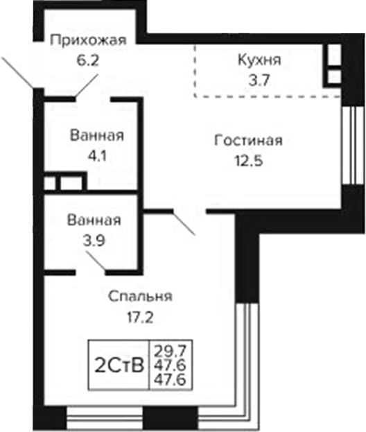 Планировка 2е-к.кв 47.60 м² в ЖК «Цитатум»