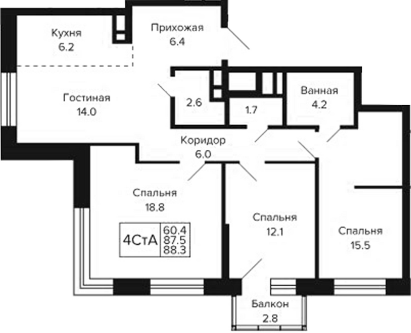 Планировка 4е-к.кв 87.46 м² в ЖК «Цитатум»