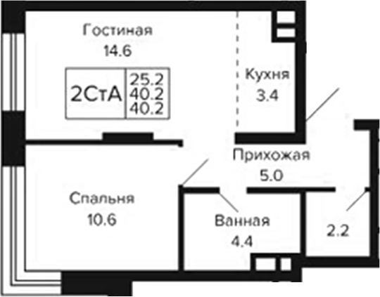 Планировка 2е-к.кв 40.20 м² в ЖК «Цитатум»