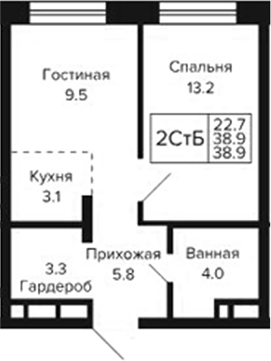 Планировка 2е-к.кв 38.90 м² в ЖК «Цитатум»