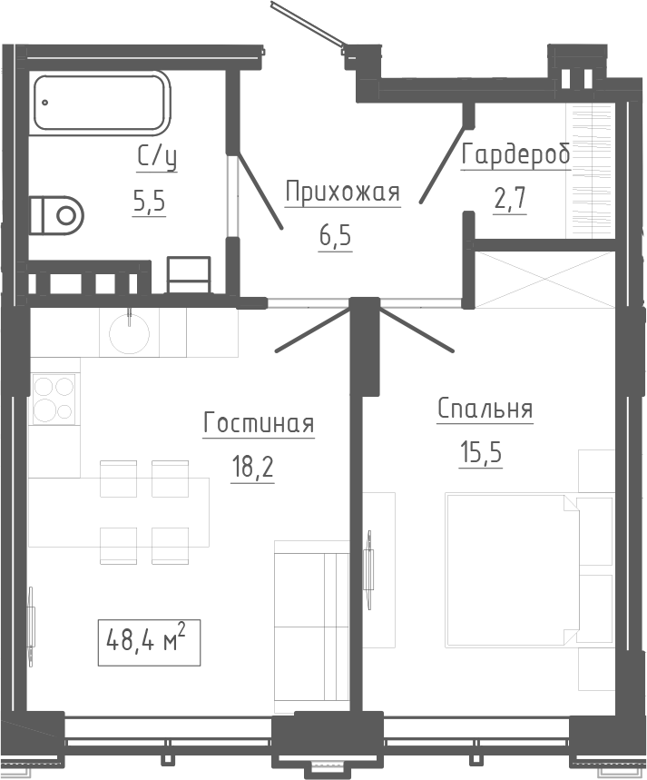 Планировка 2е-к.кв 48.40 м² в ЖК «Клубный комплекс Маяковский»