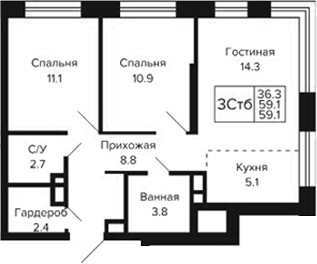 Планировка 3е-к.кв 59.10 м² в ЖК «Цитатум»