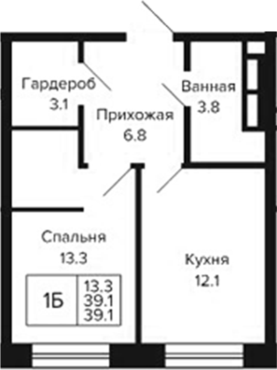 Планировка 1-к.кв 39.10 м² в ЖК «Цитатум»