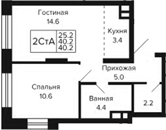 Планировка 2е-к.кв 40.20 м² в ЖК «Цитатум»