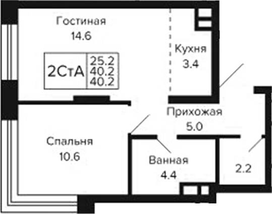 Планировка 2е-к.кв 40.20 м² в ЖК «Цитатум»